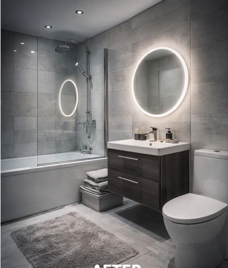 Sama baðherbergi eftir endurnýjun, með nýjum lögnum og hreinum frágangi.