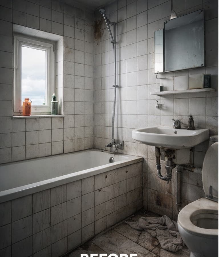 Baðherbergi fyrir endurnýjun, með eldra frágangi og lögnum.