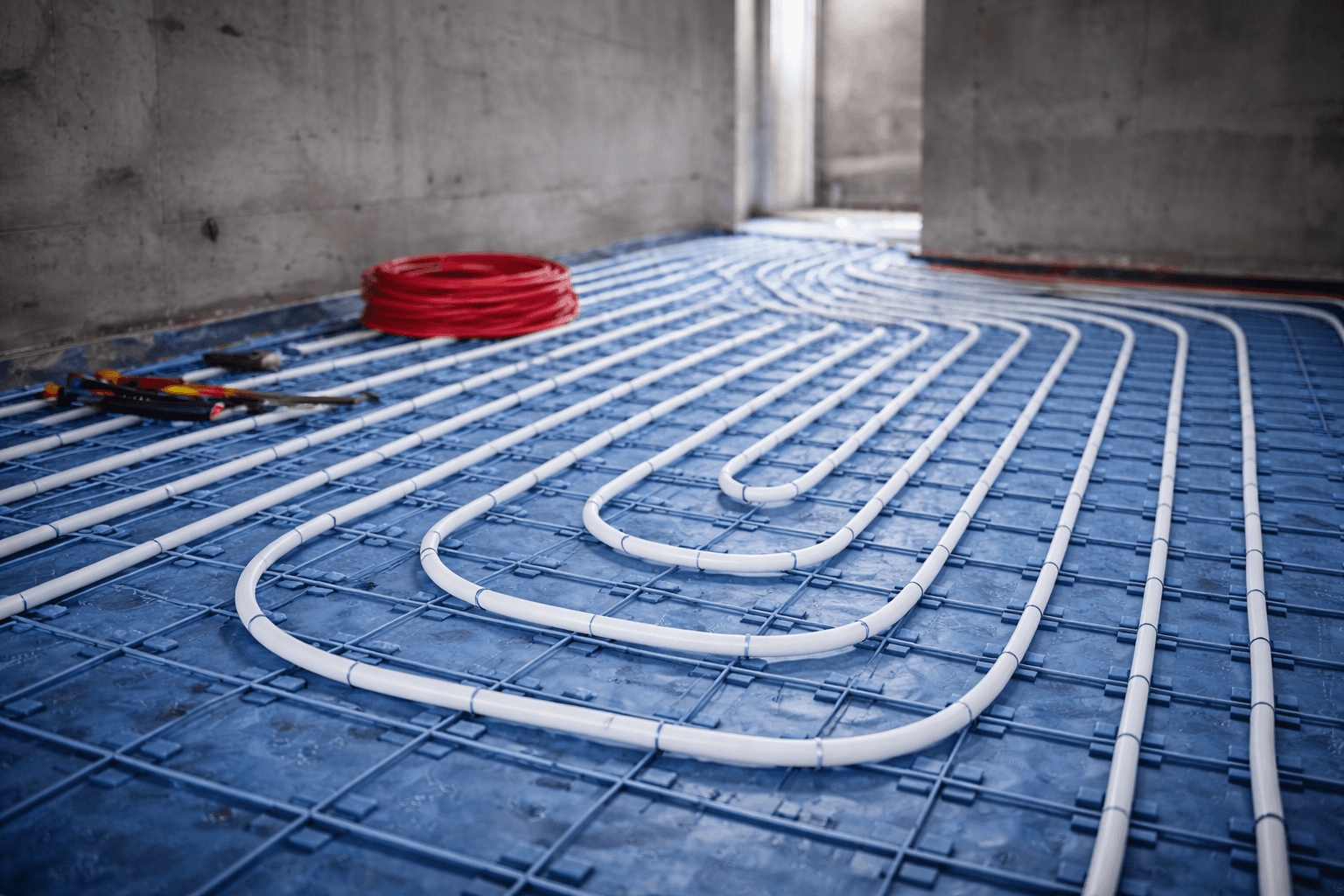 Undirbúningur gólfhita með einangrun og upphaf lagningar.