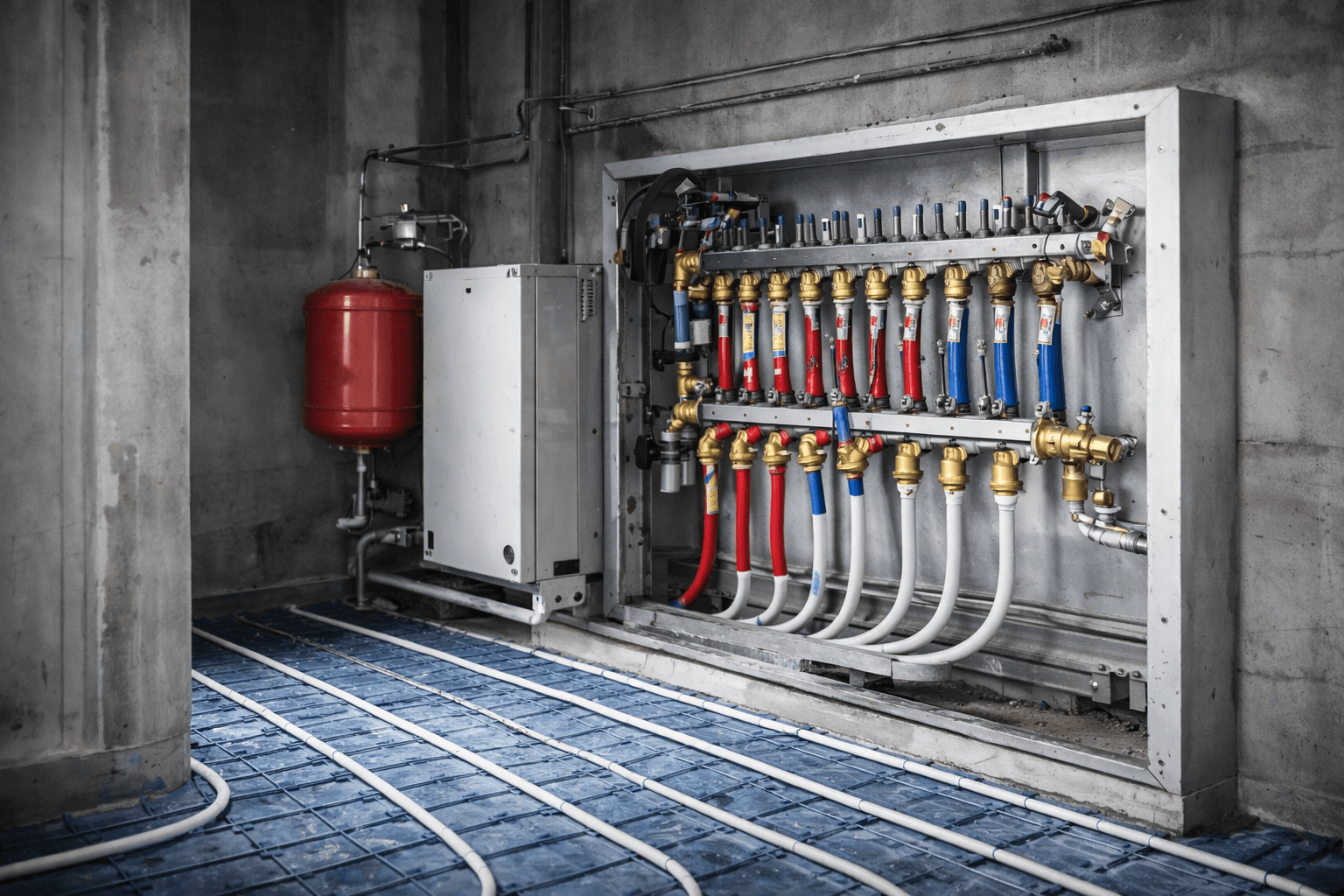 Uppsetning hringrása: PEX lagnir í lykkjum, fagleg og jöfn legging.