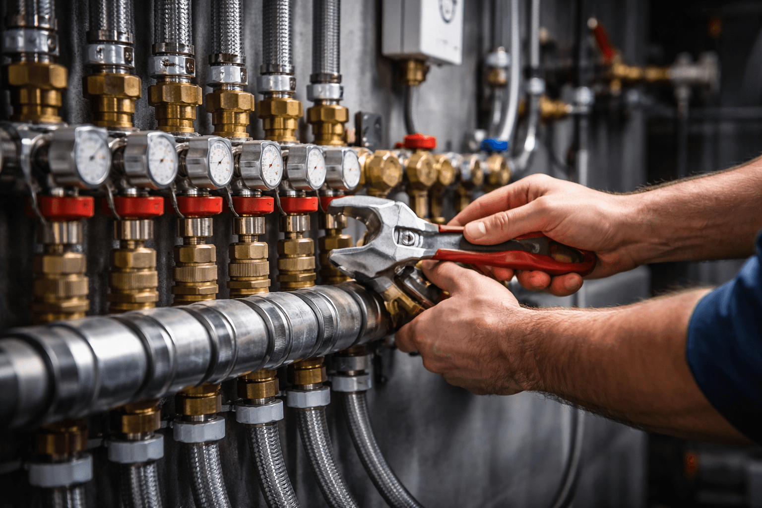 Nærmynd af pípulögnum og vinnu í gangi, án þess að sjá andlit.